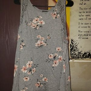 Floral gray tank with lace shoulders